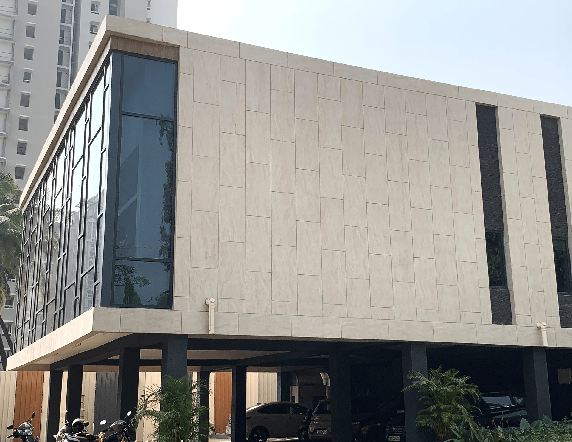 Stone and glazing facade